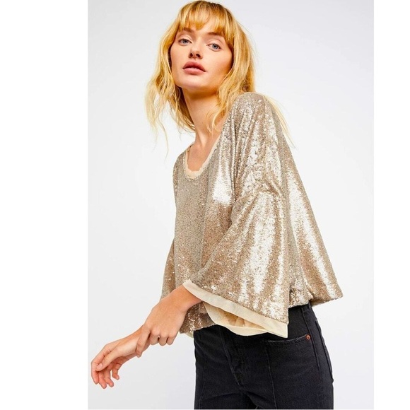 Free People Tops - FREE PEOPLE Champagne Dreams Sequins Glam Tee $128 MEDIUM Neutral Cropped EUC